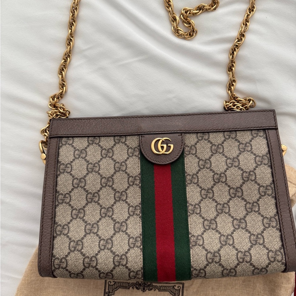 Authentic Gucci Beige and Brown Shoulder Bag with Gold Chain